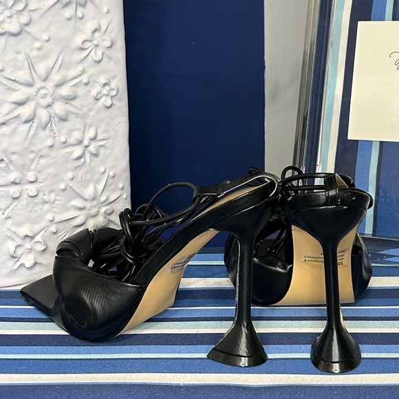 Black square toe knotted strappy wrap tie up high heel sandals sz 10 - Picture 10 of 16